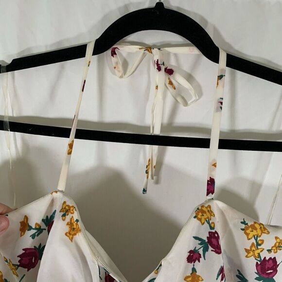 Leith Crop Top Women's Medium White Floral Tie Neck Stretchy Pullover - Picture 3 of 7